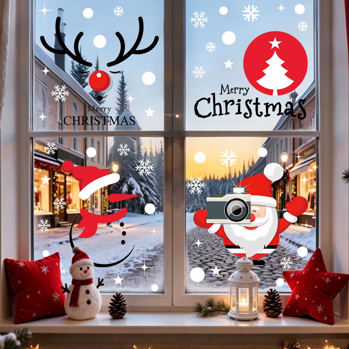 Snowflake Window Decal - Cute Santa Snowflake Christmas Scene Decor
