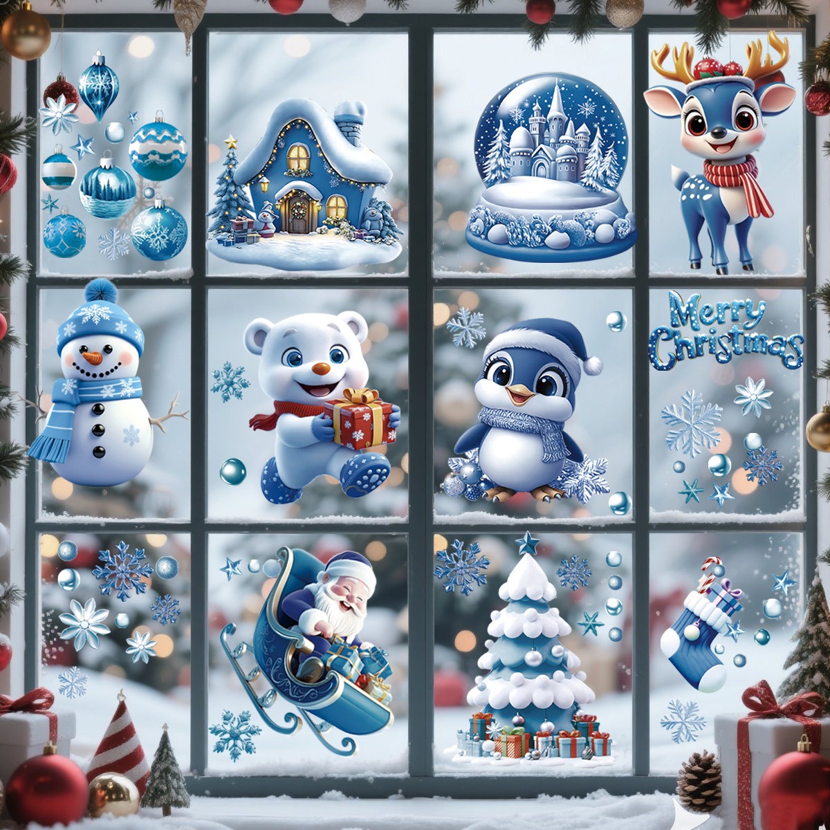 Blue Christmas Stickers Cartoo - Snowflake Window Decal avis et prix